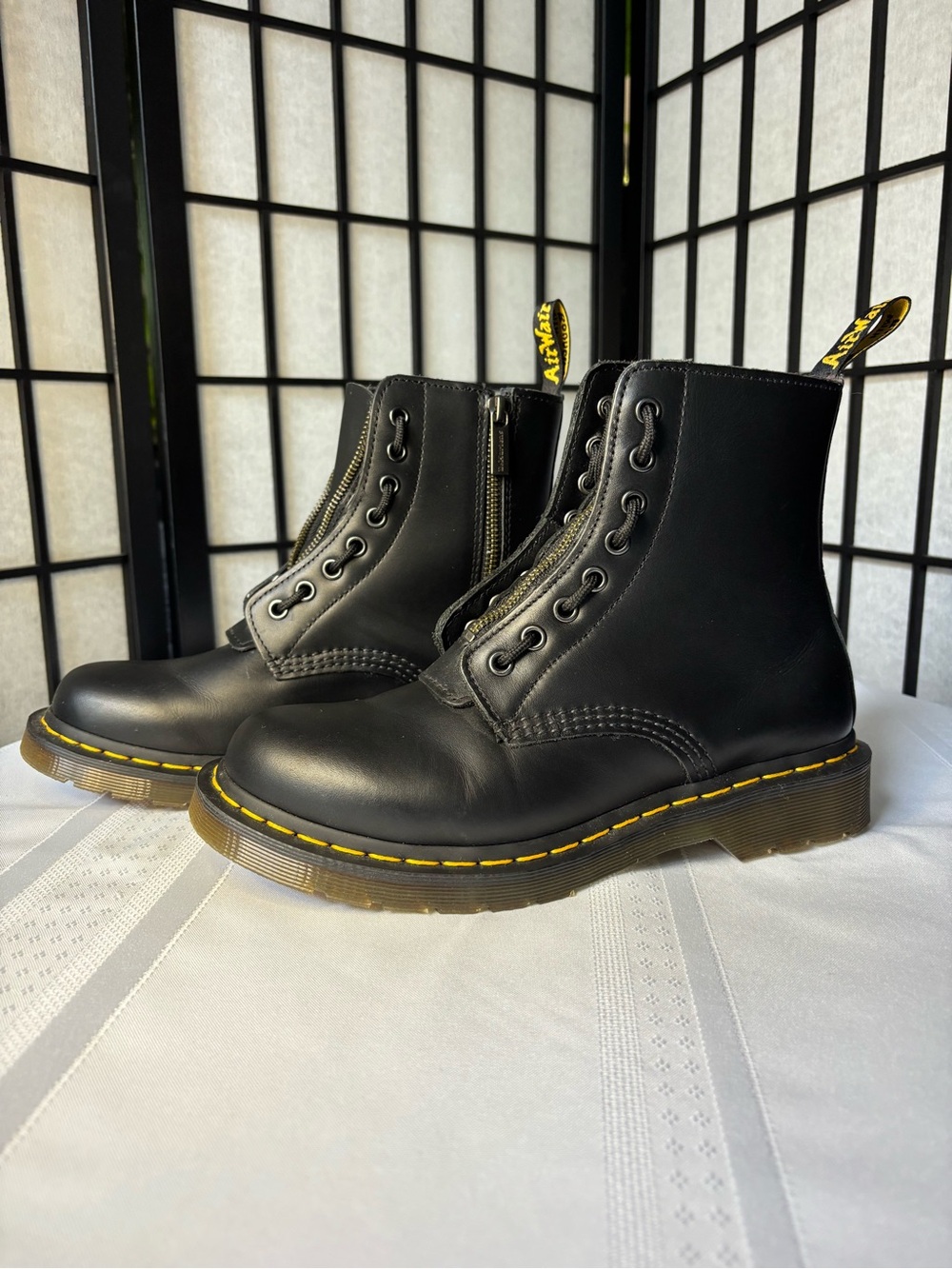 Dr. Martens Black Leather Zip Lace-Up Boots with Yellow Stitching